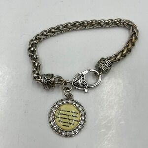 VTG Memorial Sentiment Charm Bracelet Silver Tone Wheat‎ Chain Heart Rhinestone
